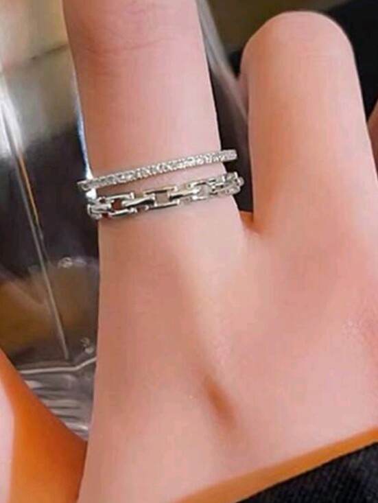 Jewelry - BRAND NEW ** Silver Double-Stack Cuff Ring - Elegant Chain and Pavé Bands